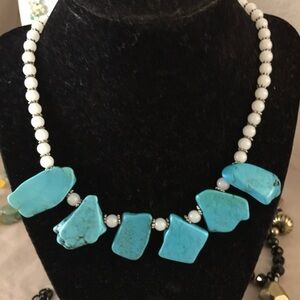 Blue and White Statement Necklace with Turquoise Beads
